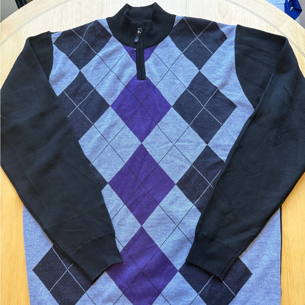 Omega Men's Zip-Up Sweater - Black and Purple Argyle